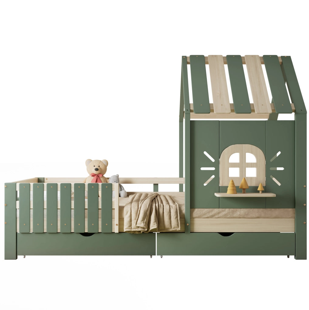 Letto a casetta 90x200 cm verde e naturale in pino e MDF; 2 cassetti