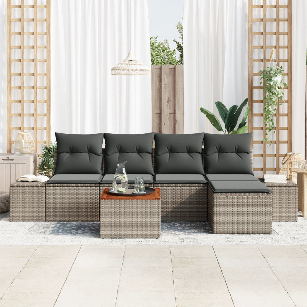 Set di Divano da Giardino con Cuscini Grigio Poly Rattan Acacia 6 Pezzi