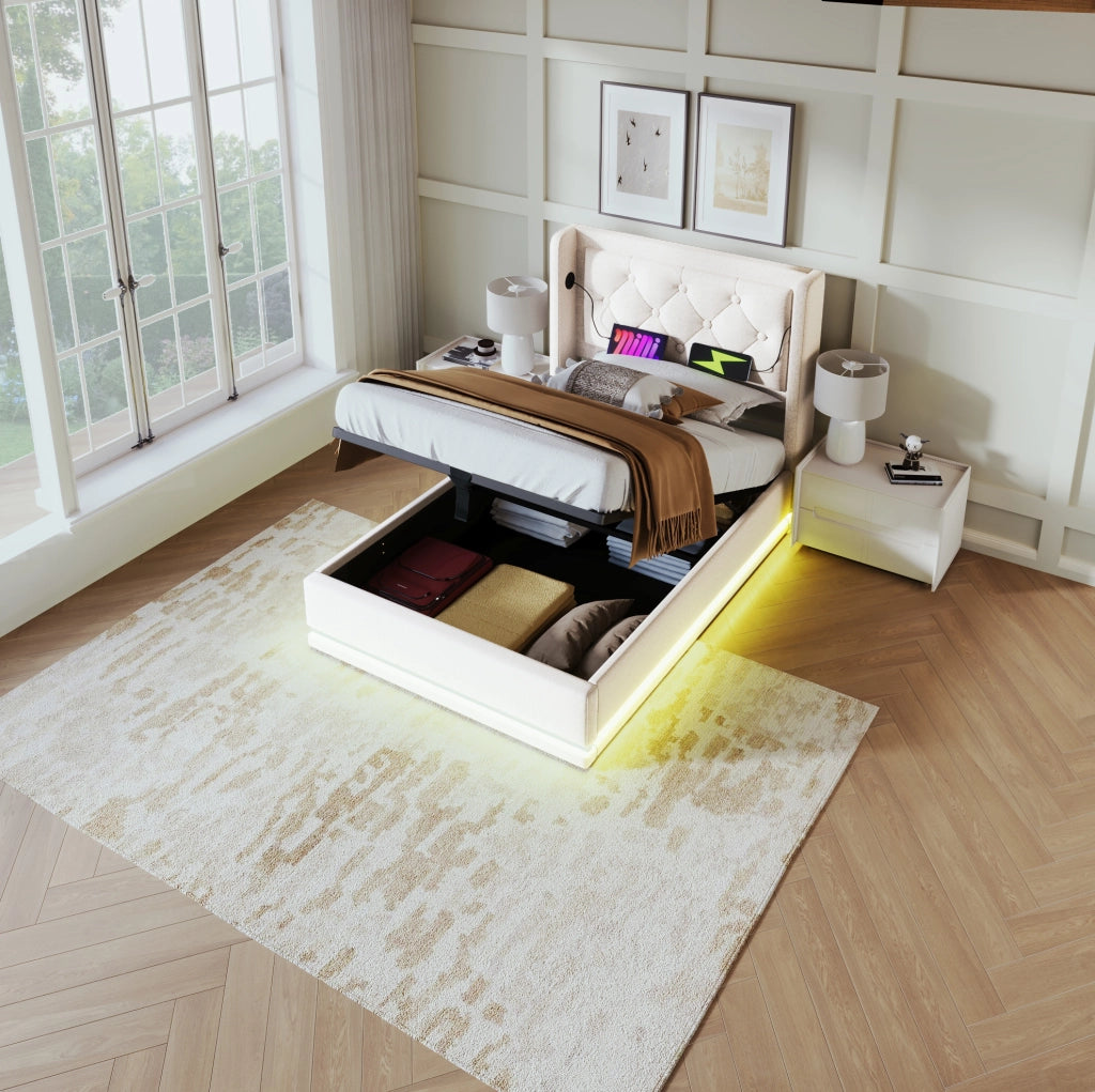 Letto singolo contenitore ULEVR 90x200 cm beige con materasso, LED 3 lati, USB e Type-C