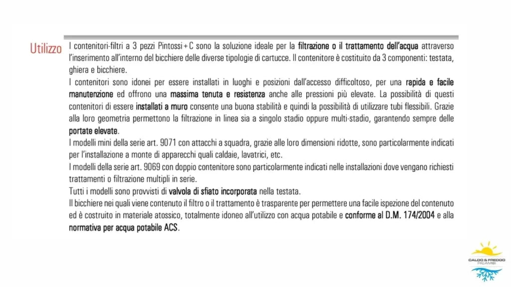 Contenitore per filtro pulente a cartuccia con attacco 3/4"