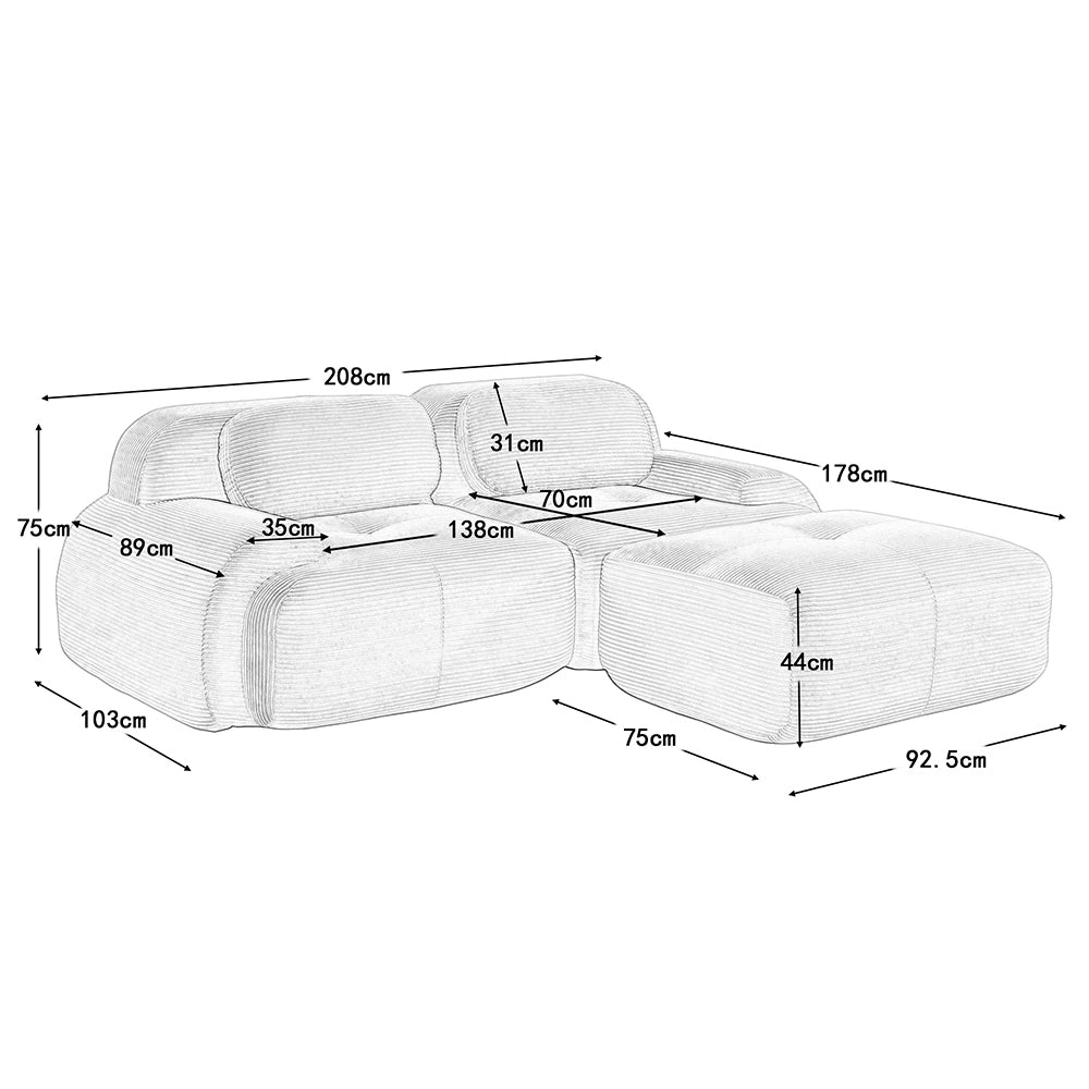 Divano angolare 82" velluto morbido - Xylo - Modulare, senza montaggio, imbottitura elastica, grigio