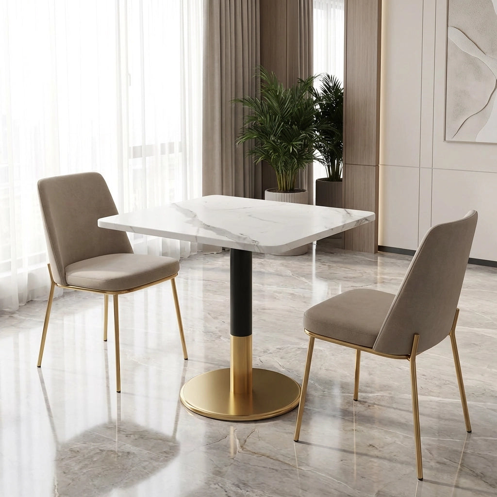Tavolo da pranzo per 2 persone con piano effetto marmo, base in metallo nero e oro, per cucina, 80 × 60 cm