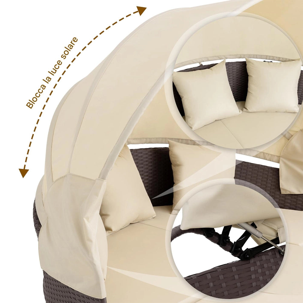 Letto Isola in Rattan Marrone Modulabile Salotto Esterni Giardino Tetto Parasole