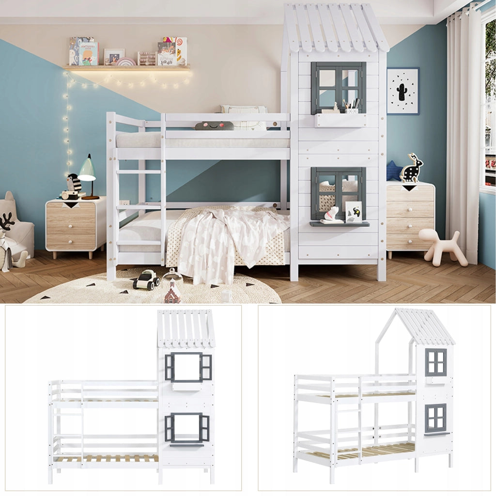 Letto a castello 90x200 - Xylo - Bianco con ringhiera e finestra