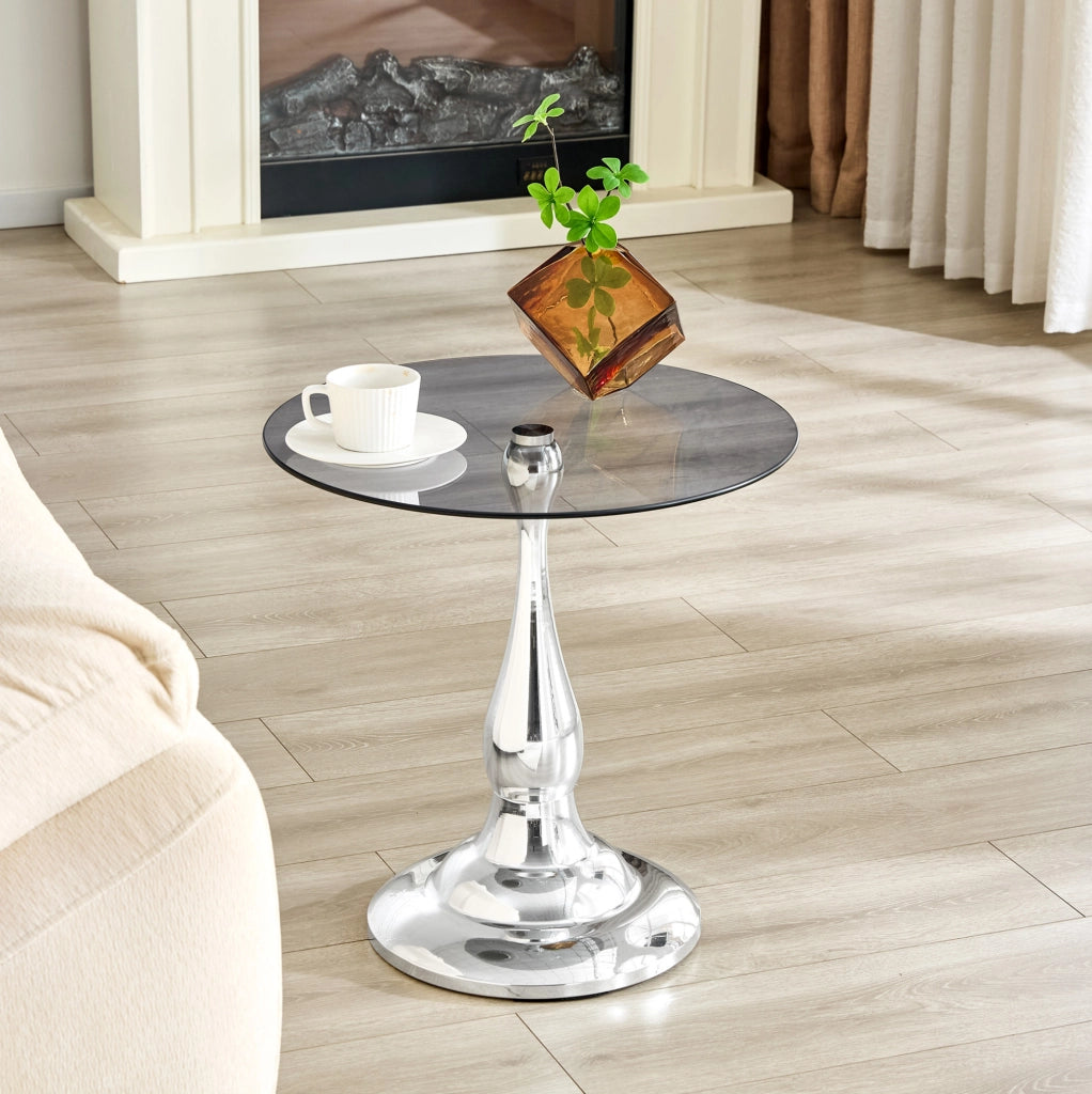 Tavolino rotondo in vetro temperato e metallo; ? 50 cm; argento