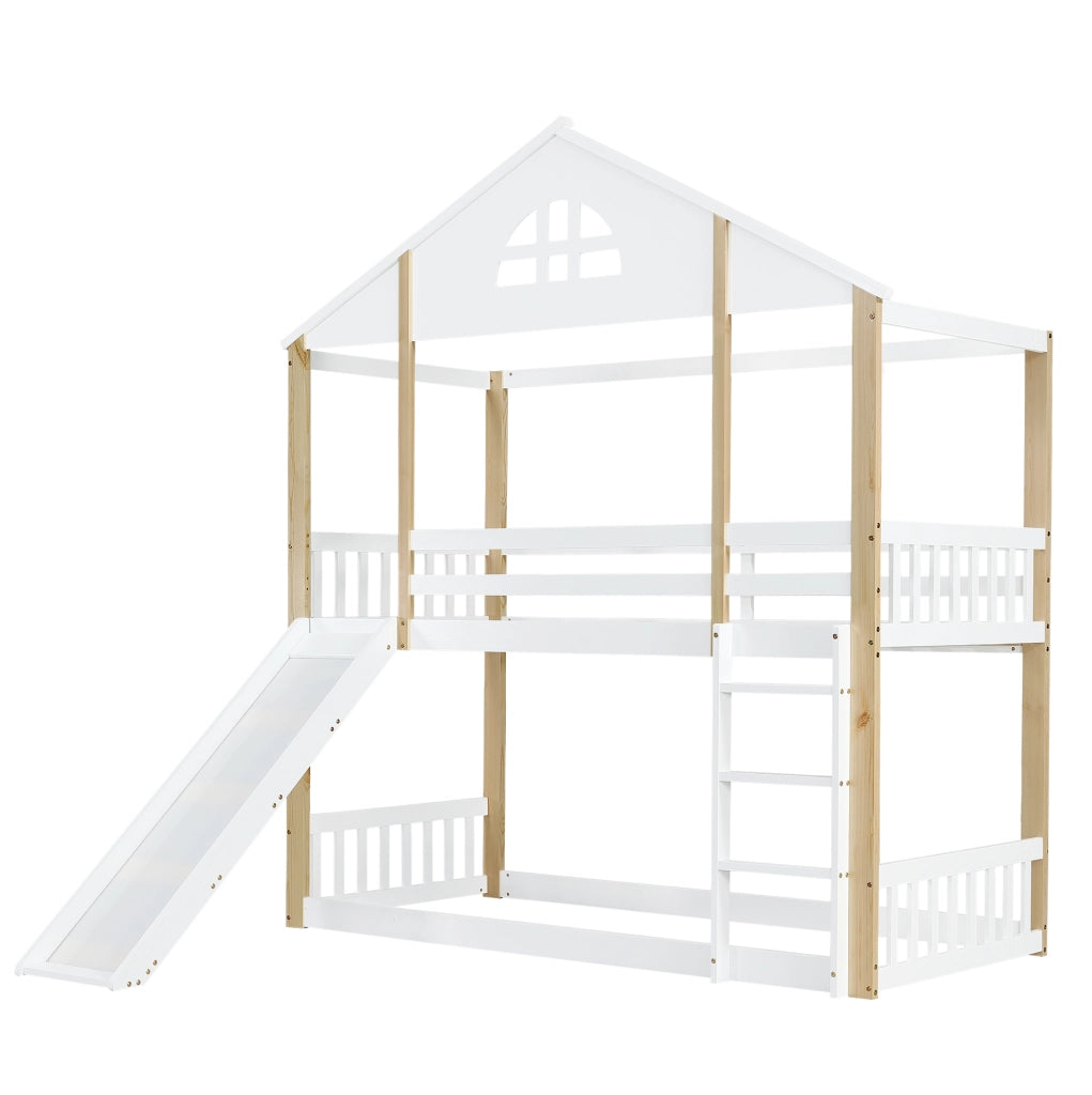 Letto a castello 90x200 cm con scivolo e scala a tre gradini in legno e MDF bianco e colore naturale