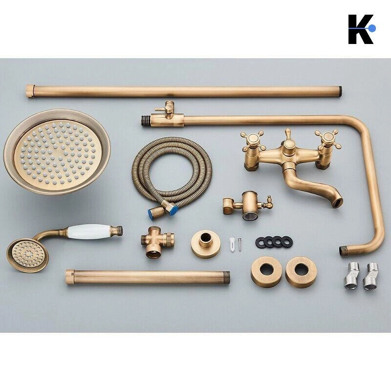 NALA | Set doccia a pioggia vintage in ottone acciaio inossidabile non verniciato|Sistema  con rubinetto dal design retrò |Miscelatore doccia completo