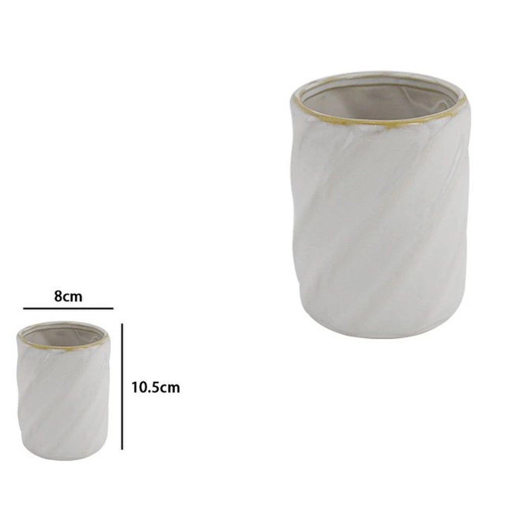 Trade Shop - Bicchiere Porta Spazzolini Ceramica Rigato Obbliquo Bianco Bordo Oro Arredo Bagno 87799 -