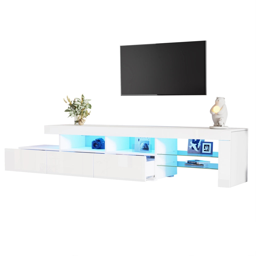 Mobile TV 180x35x45 cm con illuminazione LED; frontale lucido; 3 cassetti; in MDF e truciolare; bianco