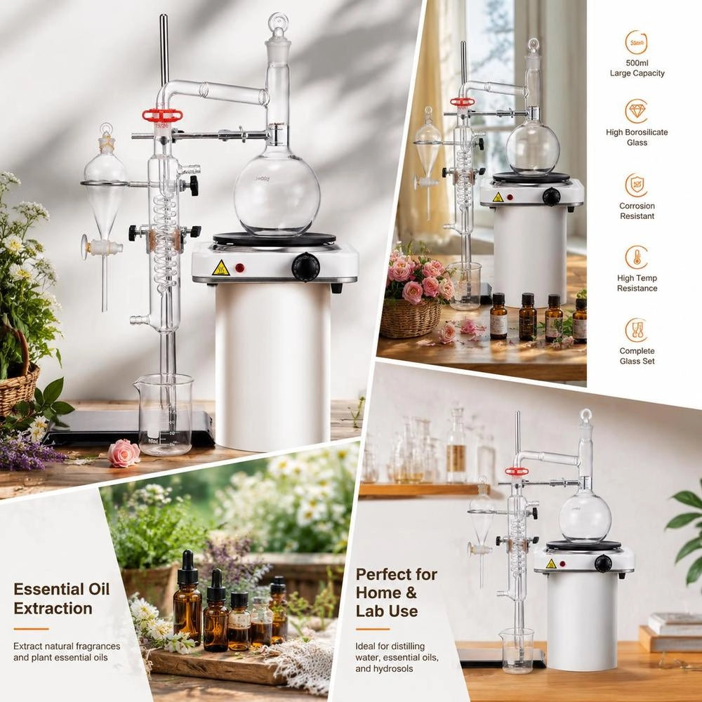 33 Piece Laboratory Distillation Apparatus With 500ml 3.3 Borosilicate Glass Flask, 24/40 Standard Joints For Essential Oil Extraction, Plant Hydrosol Preparation And Chemistry Education