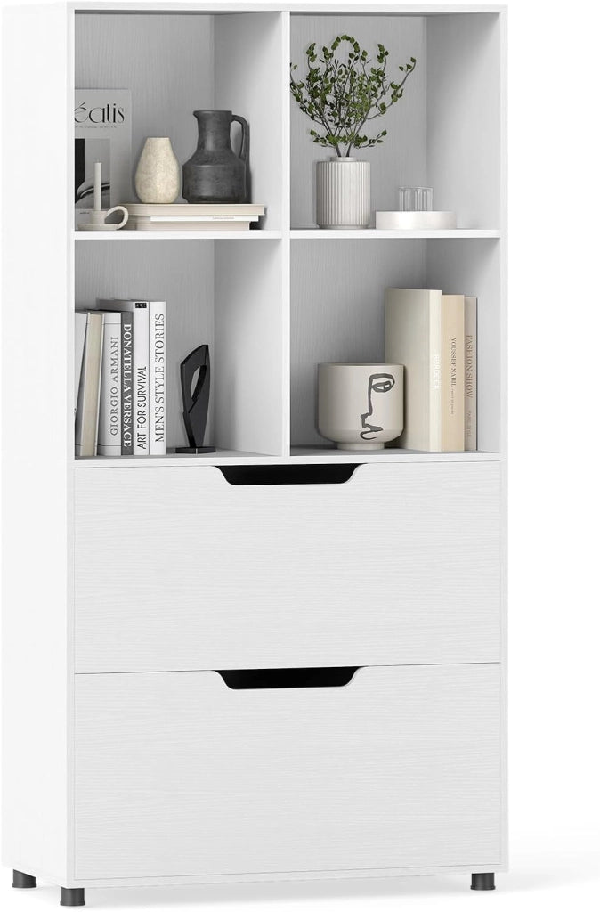 Libreria a 4 Cubi con 2 Cassetti, Scaffale Alto a 5 Ripiani da 130 cm, Libreria Moderna a Cubi Aperti, Organizer in Legno per Soggiorno, Studio, Ufficio Domestico (Bianco)
