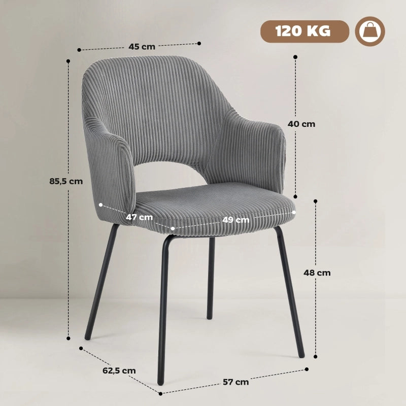SEDIA DA PRANZO in corduroy Grigio con braccioli e struttura in acciaio
