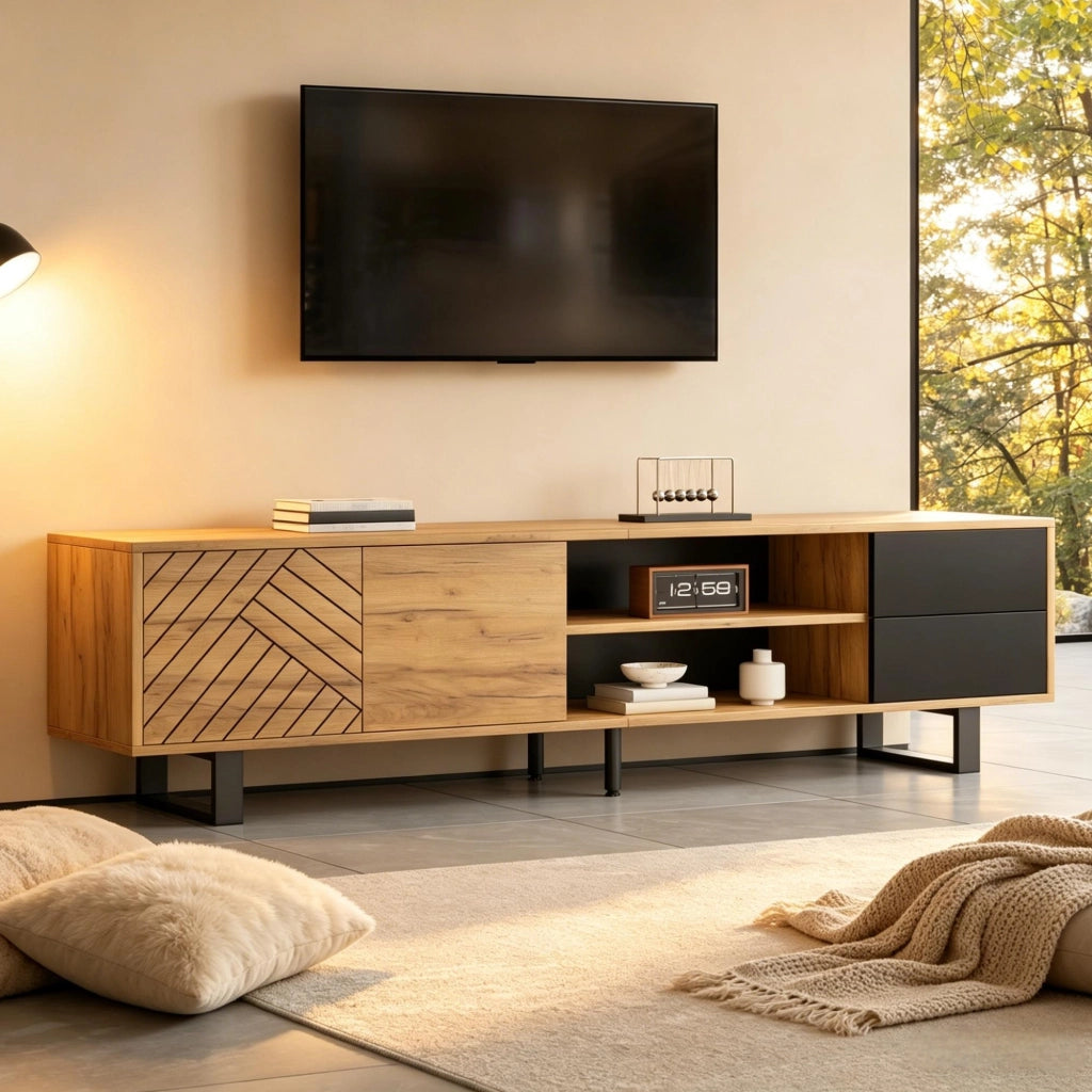 Mobile TV moderno 180x40x50 cm in truciolare effetto legno naturale e nero; per TV fino a 75 pollici