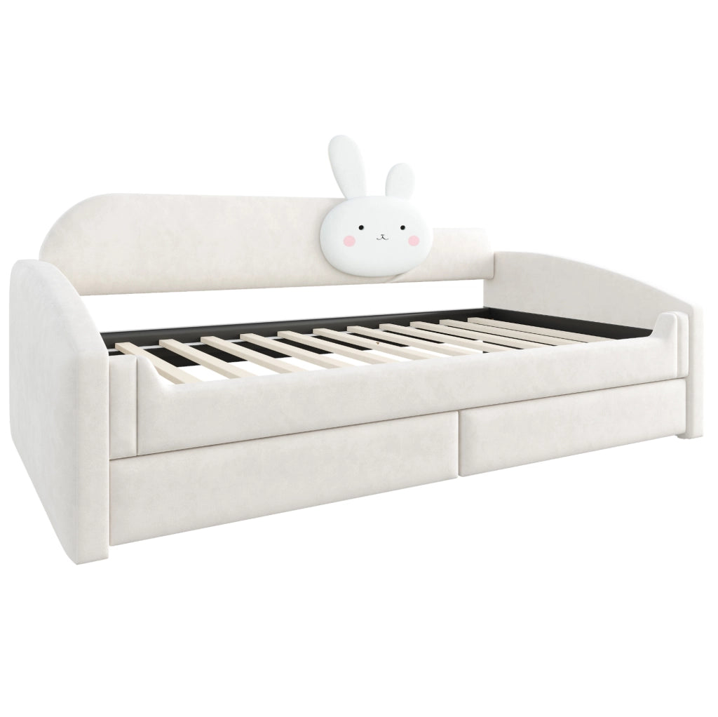 Letto per bambini 90x200 cm con 2 cassetti e LED; rivestito in velluto beige