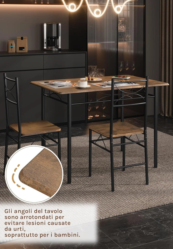 Set da Pranzo per 4 Persone, Tavolo Industriale con 4 Sedie, MDF e Struttura in Metallo, Facile da Montare e Pulire,Marrone Rustico + Nero