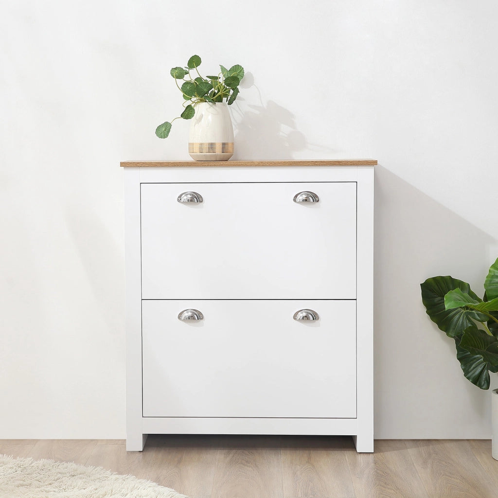 Mobile Scarpiera Slim Salvaspazio 2 Cassetti a Ribalta 12 Paia di Scarpe 79x23x90,5 cm Bianco