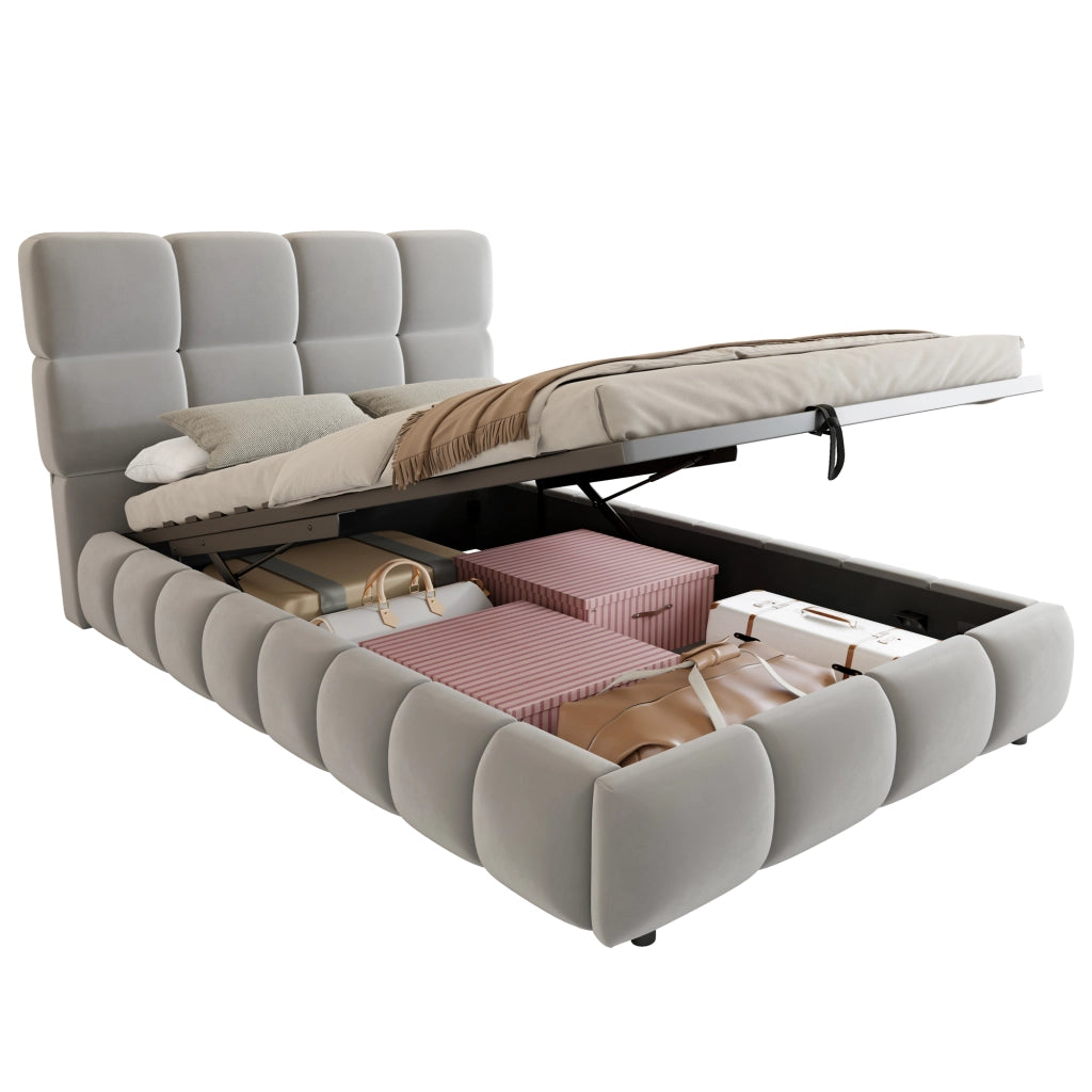 Letto Contenitore 90 x 200 cm; Letto Singolo con LED Regolabile - Imbottito - Grigio