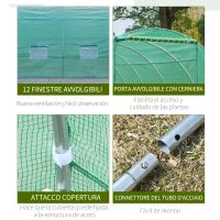 Serra da Giardino con Porta Avvolgibile e 12 Finestre in Acciaio e PE, 8×3×2m, Verde