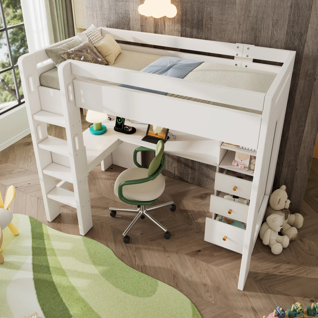 Letto a soppalco 90x200 cm con scrittoio a L; ripiani; cassetti e USB/Type-C; bianco