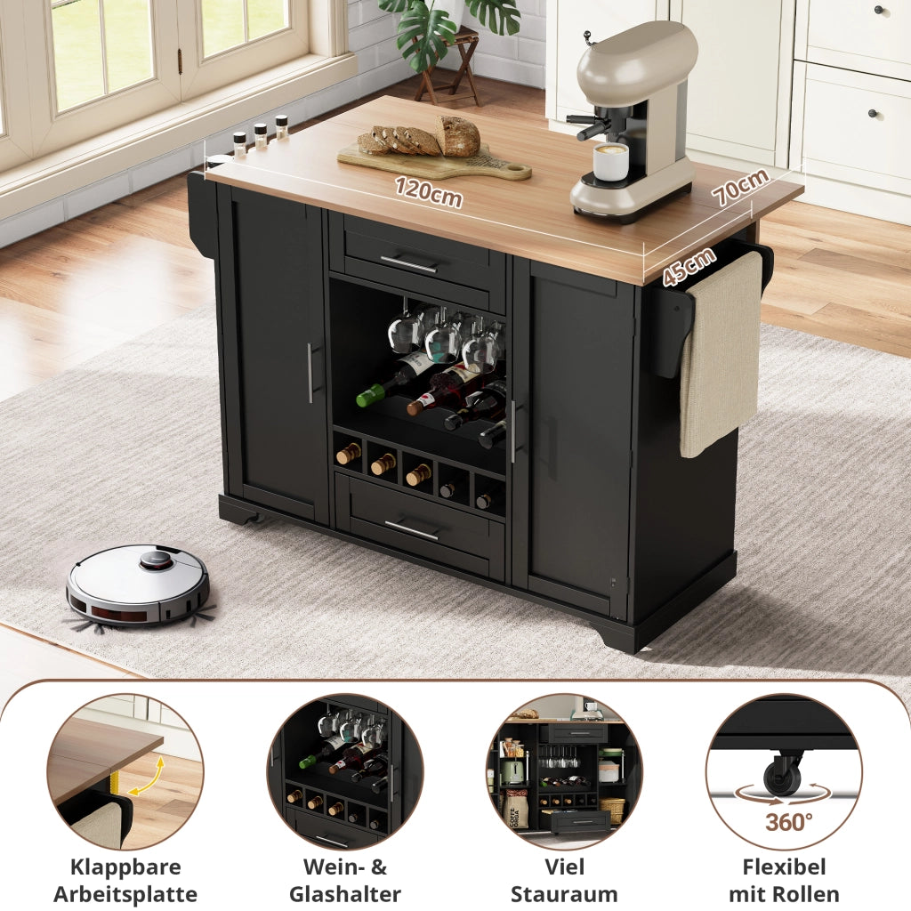 CARRELLO CUCINA ESTRAIBILE 138x45(70)x92 cm MDF Nero/Naturale