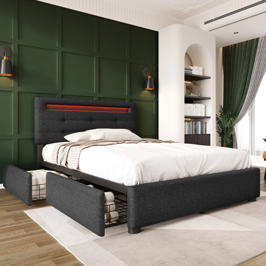 Letto Singolo 90x200 Imbottito Grigio con Luci LED e 2 Cassetti