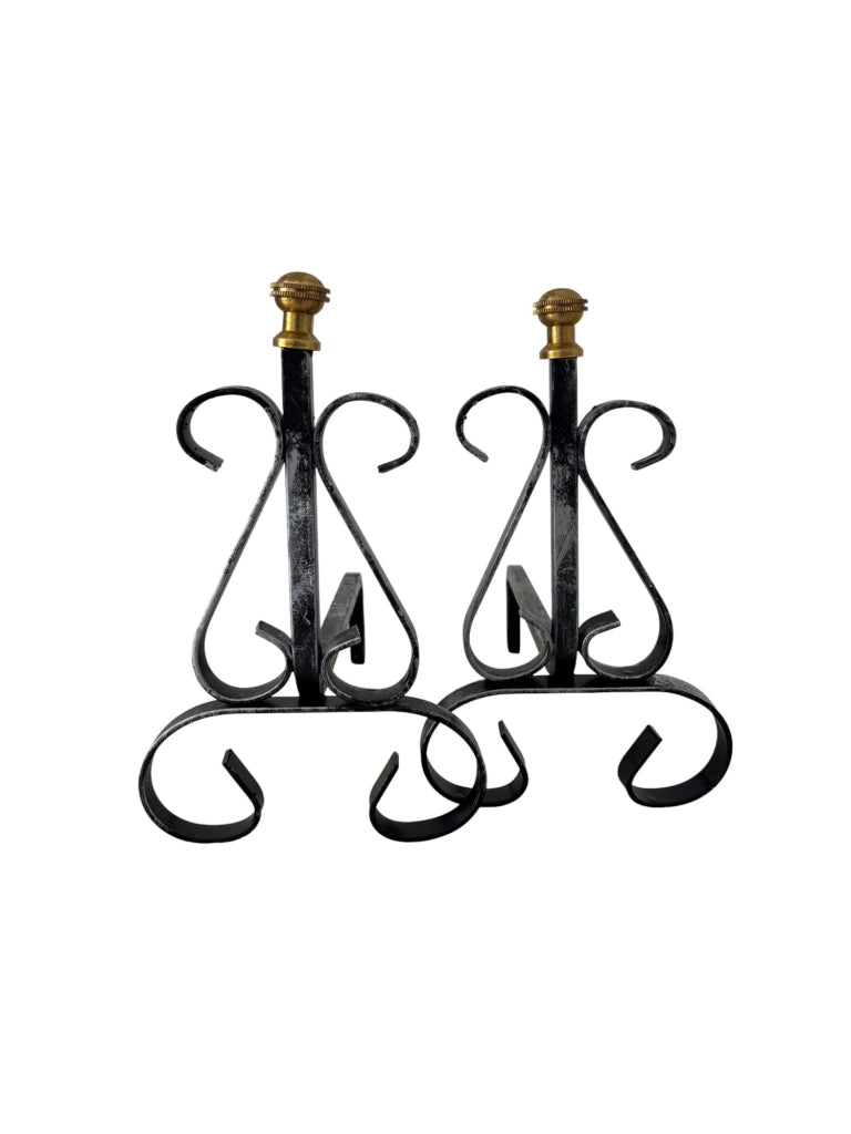 Alari in Ferro Battuto per Camino con Pomelli in Ottone, 30x26h cm, Design Decorativo
