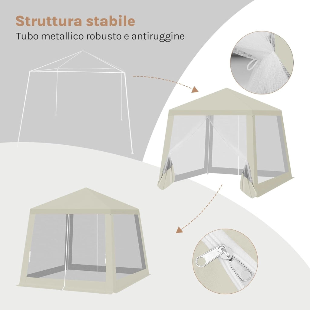 Gazebo 3x3 Pieghevole Idrorepellente, Pergolato da Giardino, Gazebo da Esterni, con Pareti Laterali a Zanzariera, per Campeggio, Feste, Beige