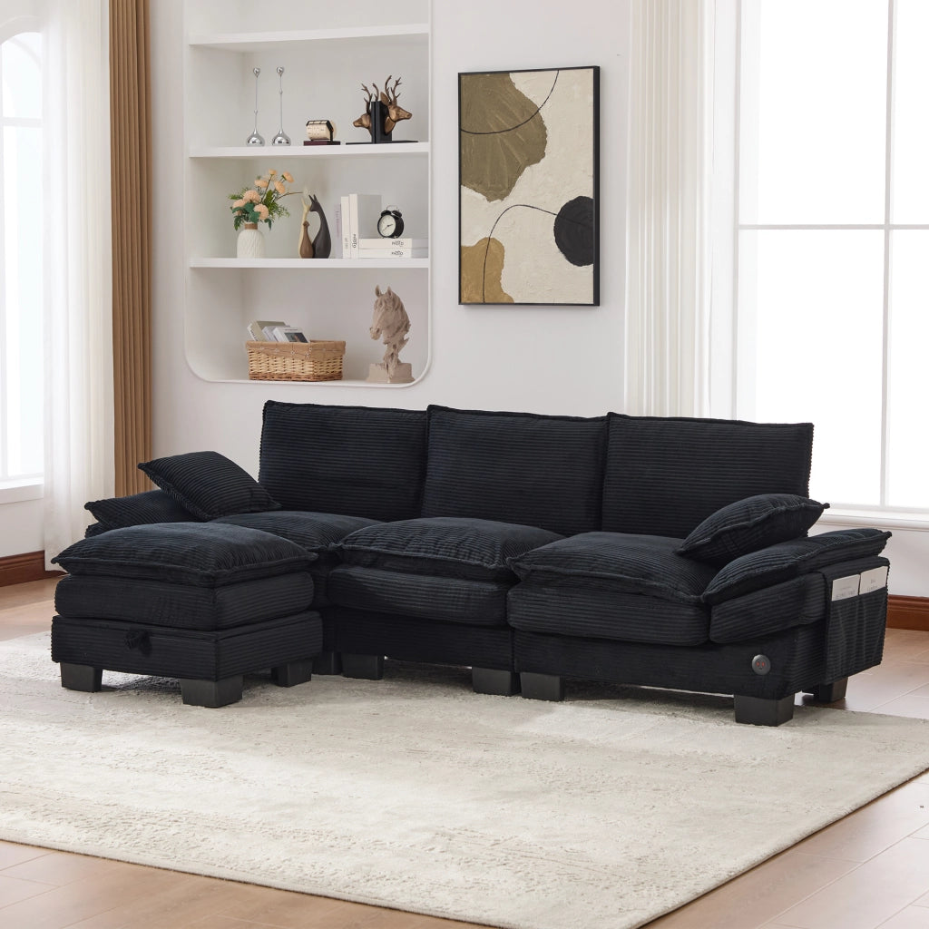 Divano modulare 3 posti con pouf, seduta ampia, USB-C, tasche laterali, in corduroy, nero
