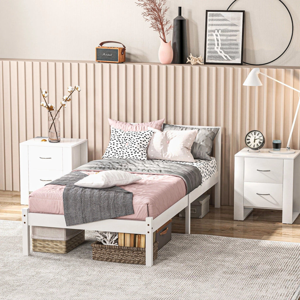 Letto Singolo con Testiera e Rete a Doghe in Legno di Pino ¨C Minimal ¨C Bianco 208x96x70 cm