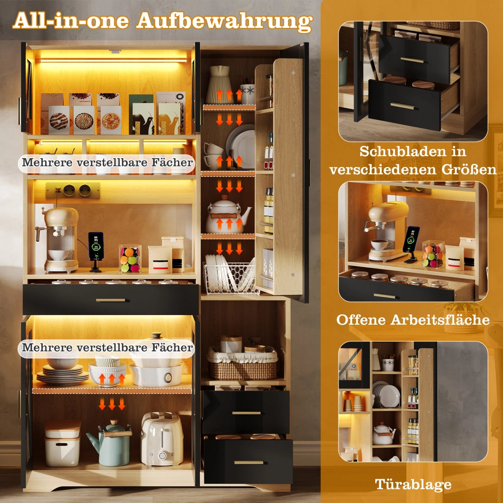BUFFET Cucina 185x105x40 cm Nero/Naturale in MDF con LED APP e prese