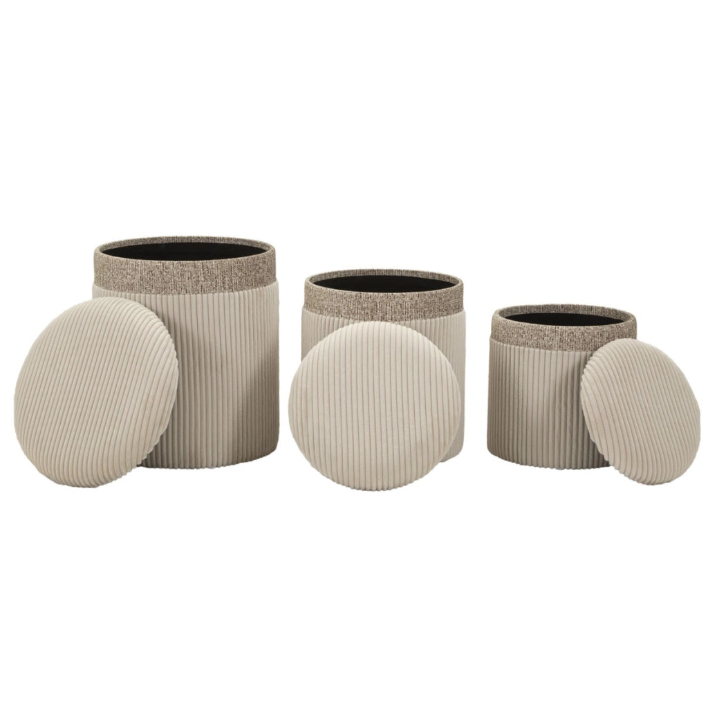 Set 3 pouf contenitore Cortina in poliestere crema Ø40x49, Ø35x42 e Ø31x38 cm