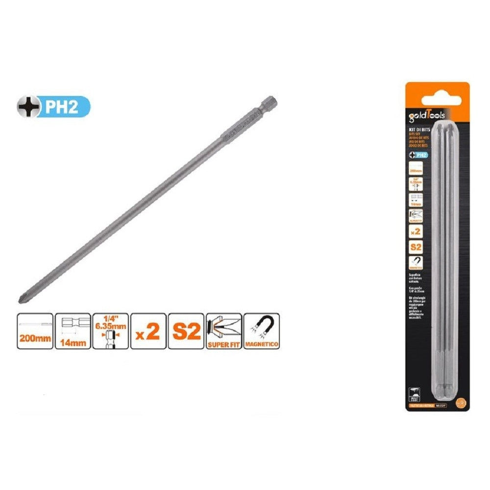 Trade Shop - Kit 2pezzi Di Bits Da 200mm Gambo 1/4" 6.35mm S2 Magnetica Croce Testa Ph2 57249 -