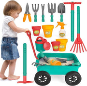 Set di giardinaggio per bambini con carrello, vanga, rastrello, vasi fiorali, secchio e altro - 14 pezzi di attrezzo da giardino per giocare all'aperto e sabbia - Adatto da 3 a 7 anni