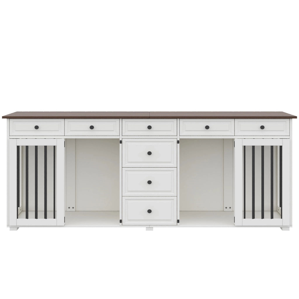 Mobile Gabbia per 2 Cani 200×60×85 cm con 8 Cassetti; Struttura MDF e Metallo; Bianco e Noce