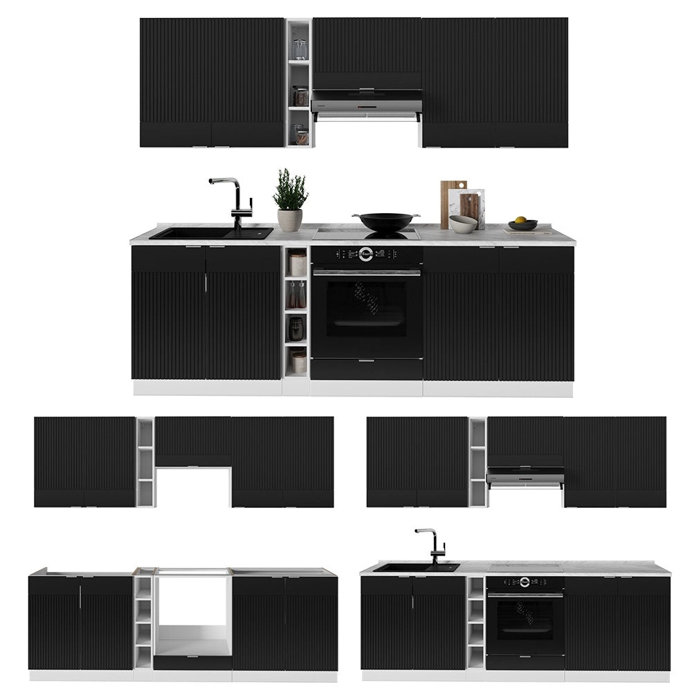 Cucina componibile Fame-Line Nero rigato/Bianco 235 cm, PL Marmo Vicco