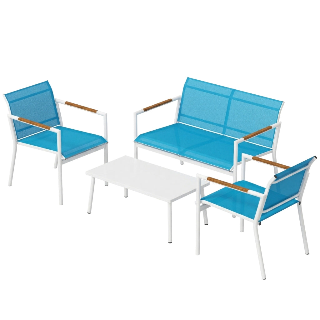 Set Giardino 4 Posti Divano, Poltrone, Tavolo in Metallo, Blu.