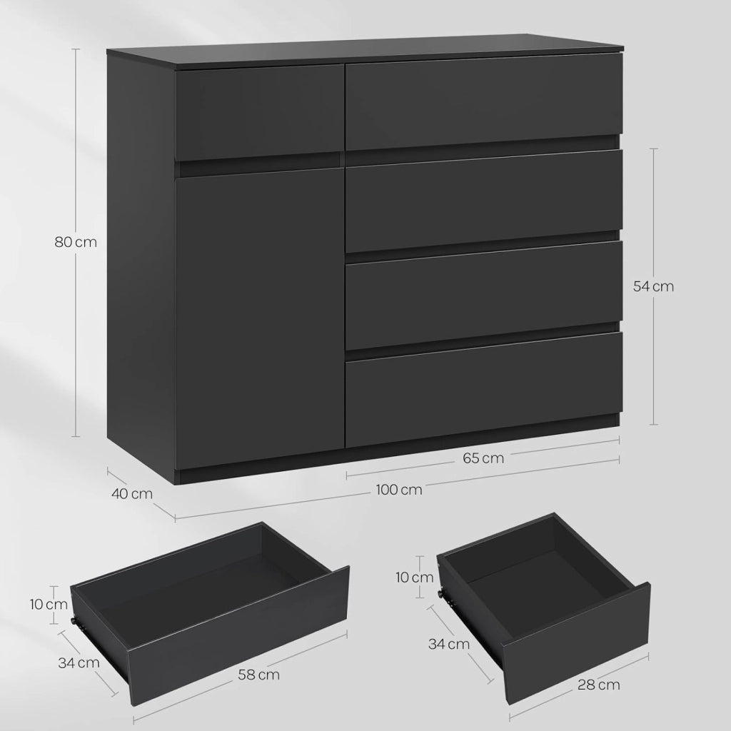 Cassettiera Camera da Letto, Mobiletto Salvaspazio con 5 Cassetti e 1 Armadietto, Ripiano Regolabile, per Soggiorno, Ingresso, 100x40x80 cm, Nero