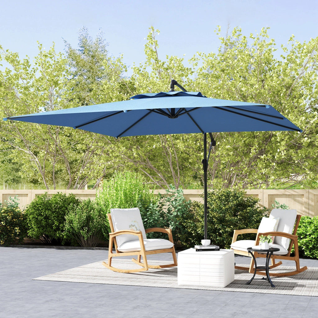 Ombrellone Decentrato con Base e Croce, Prese d'Aria e Manovella, in Metallo e Poliestere, 3x3.25 m, Blu