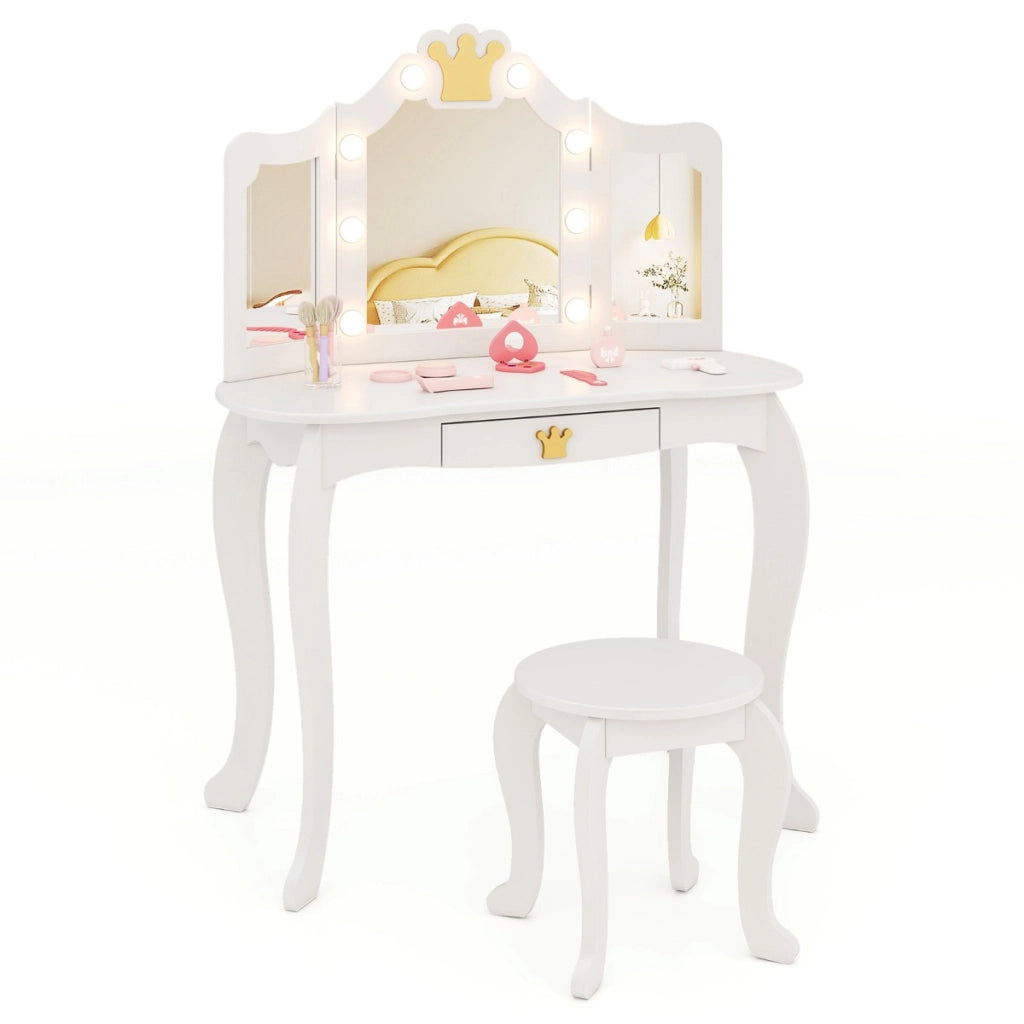 Set da trucco per bambini con specchio illuminato, Set da trucco con tavolo e sedia con specchio Bianco