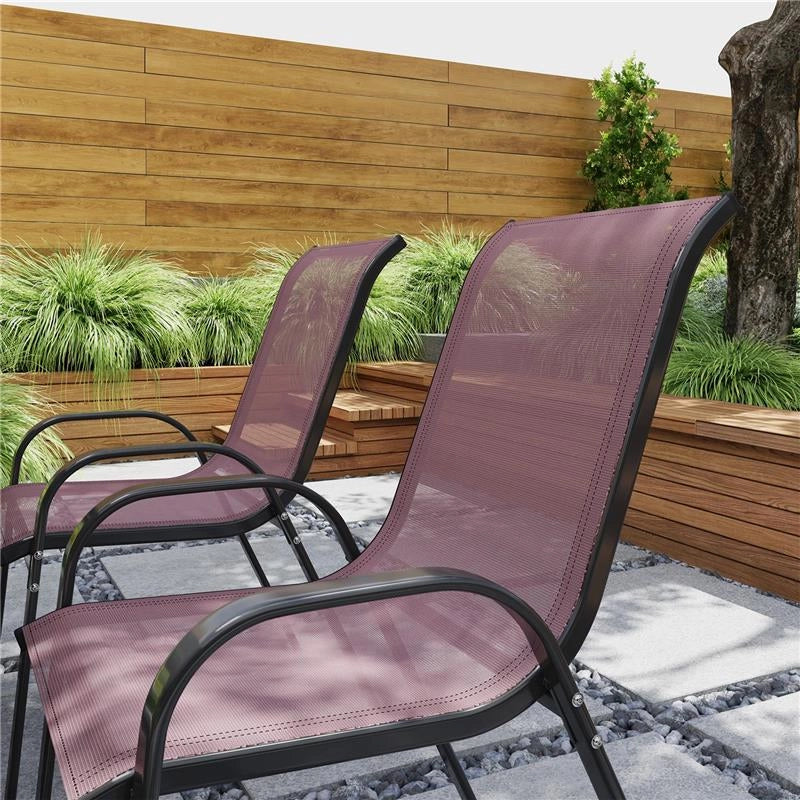 SET 4 SEDIE DA GIARDINO IMPILABILI CON BRACCIOLI CURVI, IN ACCIAIO E TESSUTO TRASPIRANTE, 54X71X93 CM, MARRONE
