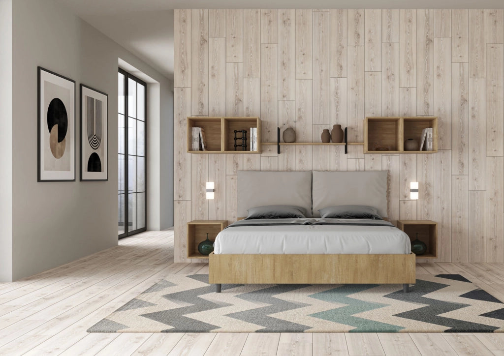 BS COM Letto matrimoniale senza rete 160x200 Quercia cuscini similpelle tortora