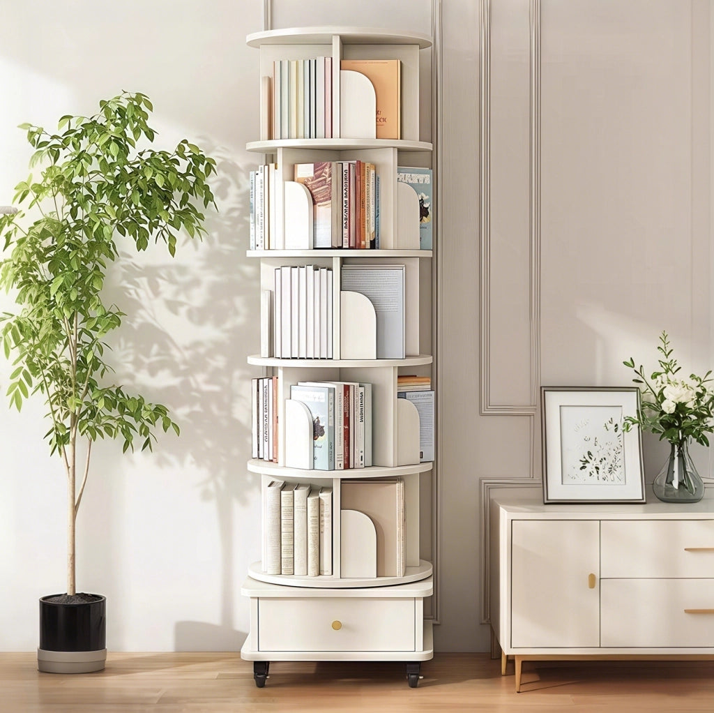 Libreria girevole 360° con cassetto e ruote, bianca