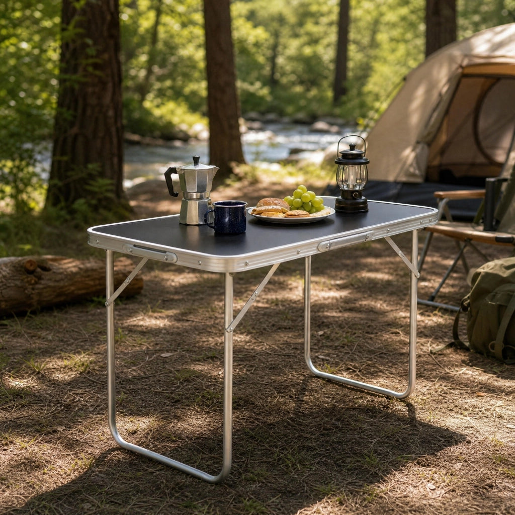 Tavolo pieghevole multifunzione da campeggio in alluminio e MDF nero con maniglia e gambe ripiegabili 60 × 50 × 70 cm