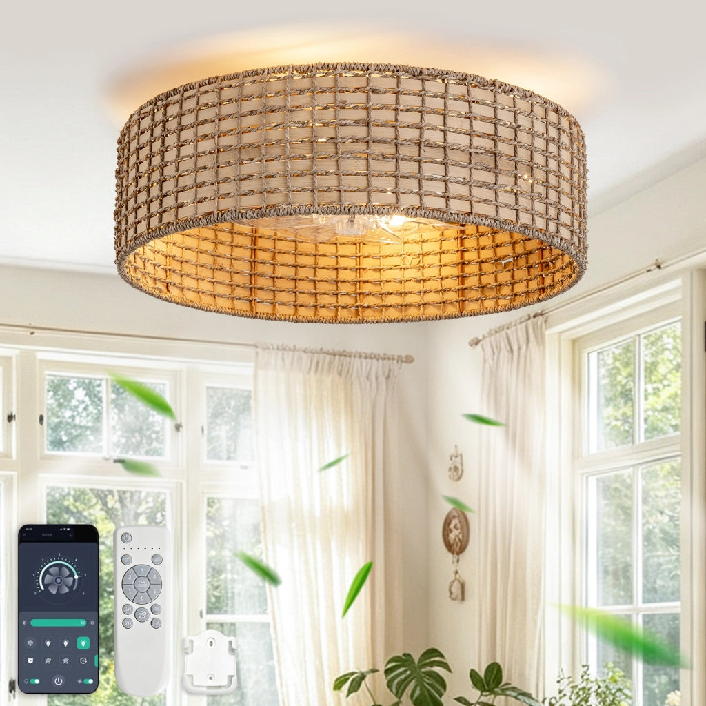 Ventilatore da soffitto 19 pollici con luce, motivo quadri rattan, doppio controllo app e telecomando, 6 velocit¨¤ reversibili, moderno