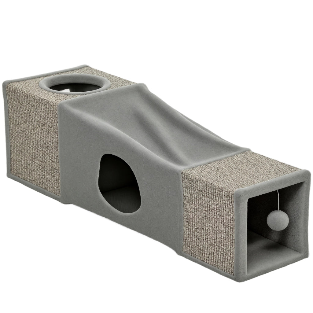 Tunnel per Gatti con 2 Tane e Giocattoli ¨C zephmum ¨C Marrone Grigio 98x30x30