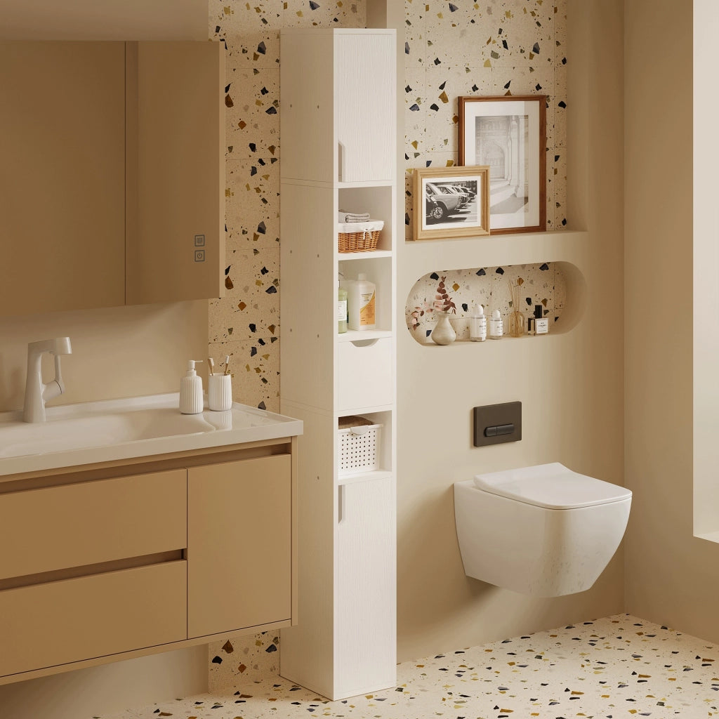 Scaffale da bagno a colonna stretta, bianco, da appoggio, 1 cassetto, pratico, in stile loft