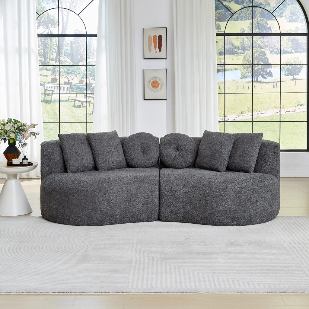 Divano modulare a 2 moduli in chenille senza braccioli con schienale ergonomico e 6 cuscini grigio antracite