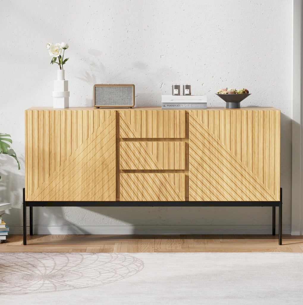 Credenza moderna 140x40x75 cm con ripiani regolabili; pannello truciolare e metallo; Natural