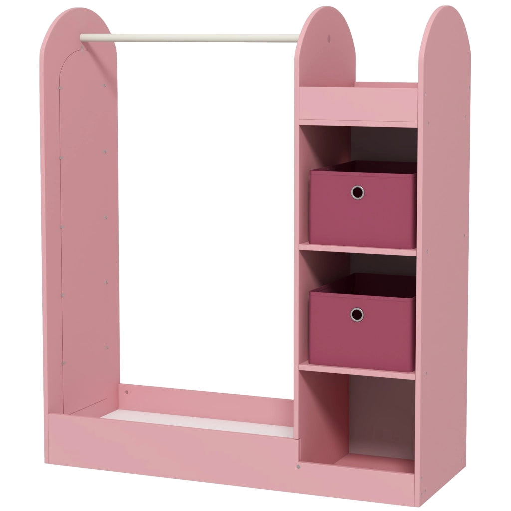 Appendiabiti per Bambini con Ripiani, Scatole e Specchio in Legno, Rosa