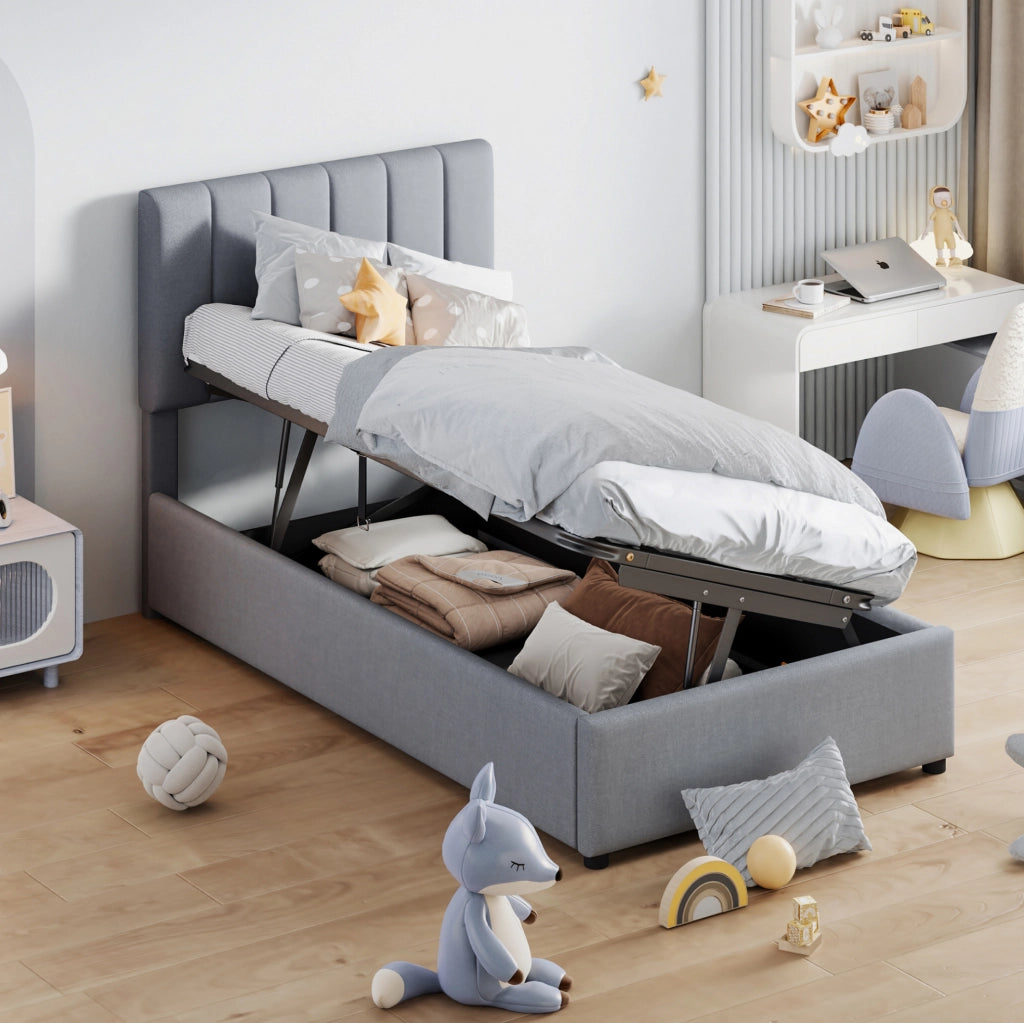 Letto per bambini imbottito 90x200 cm con contenitore idraulico; in tessuto effetto lino grigio
